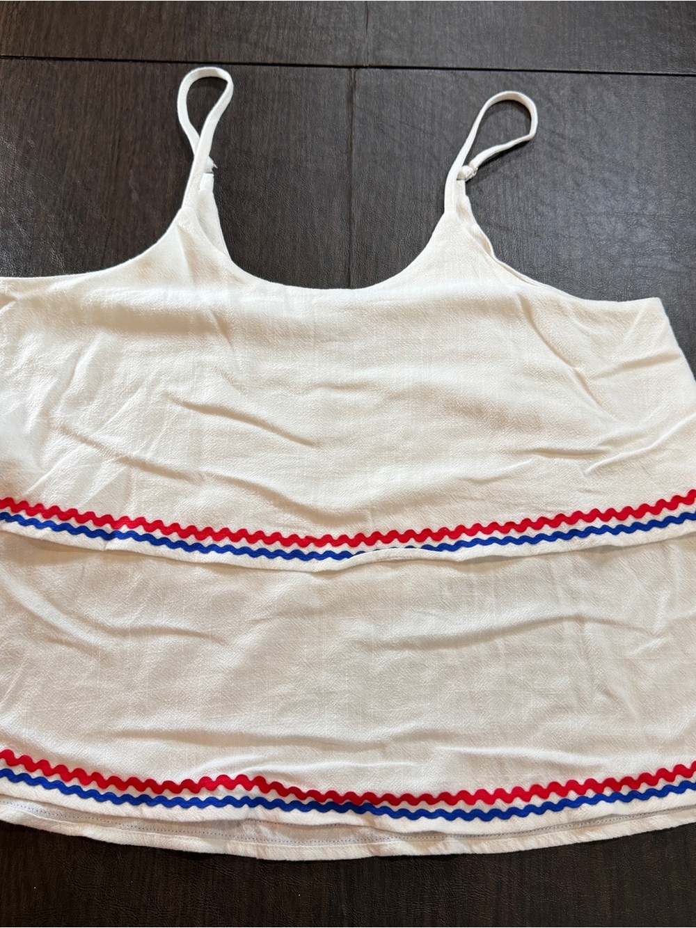 Vintage Charm White Spaghetti Strap Camisole with Red & Blue Wavy Trim Sz L